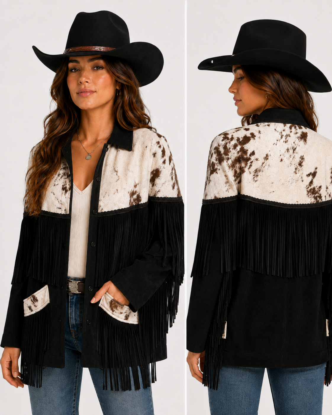 Black & White Cowhide Suede Fringe Jacket