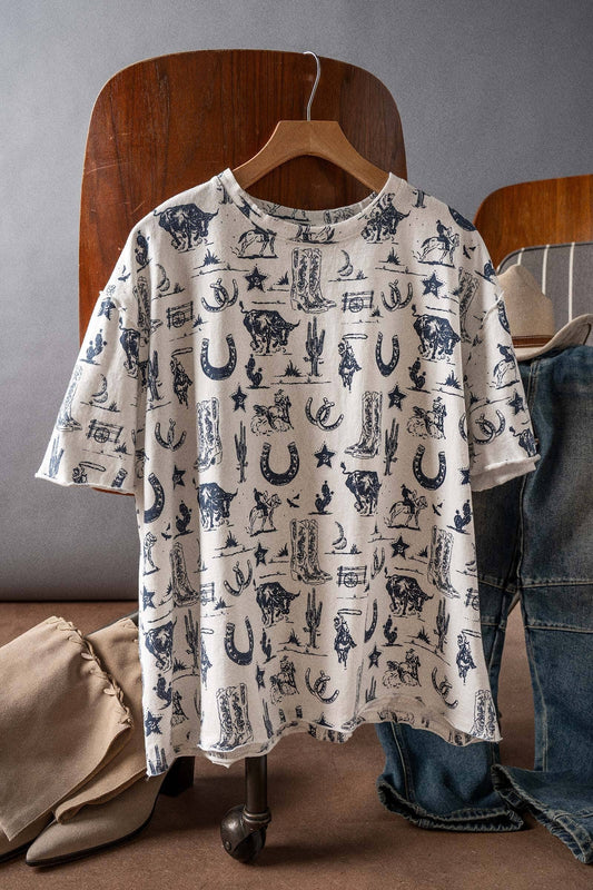 Western Graphic Print Relaxed Fit Tee: CREAM with Navy