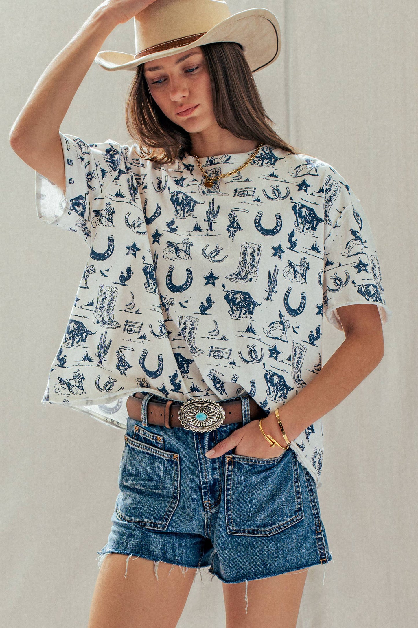 Western Graphic Print Relaxed Fit Tee: CREAM with Navy