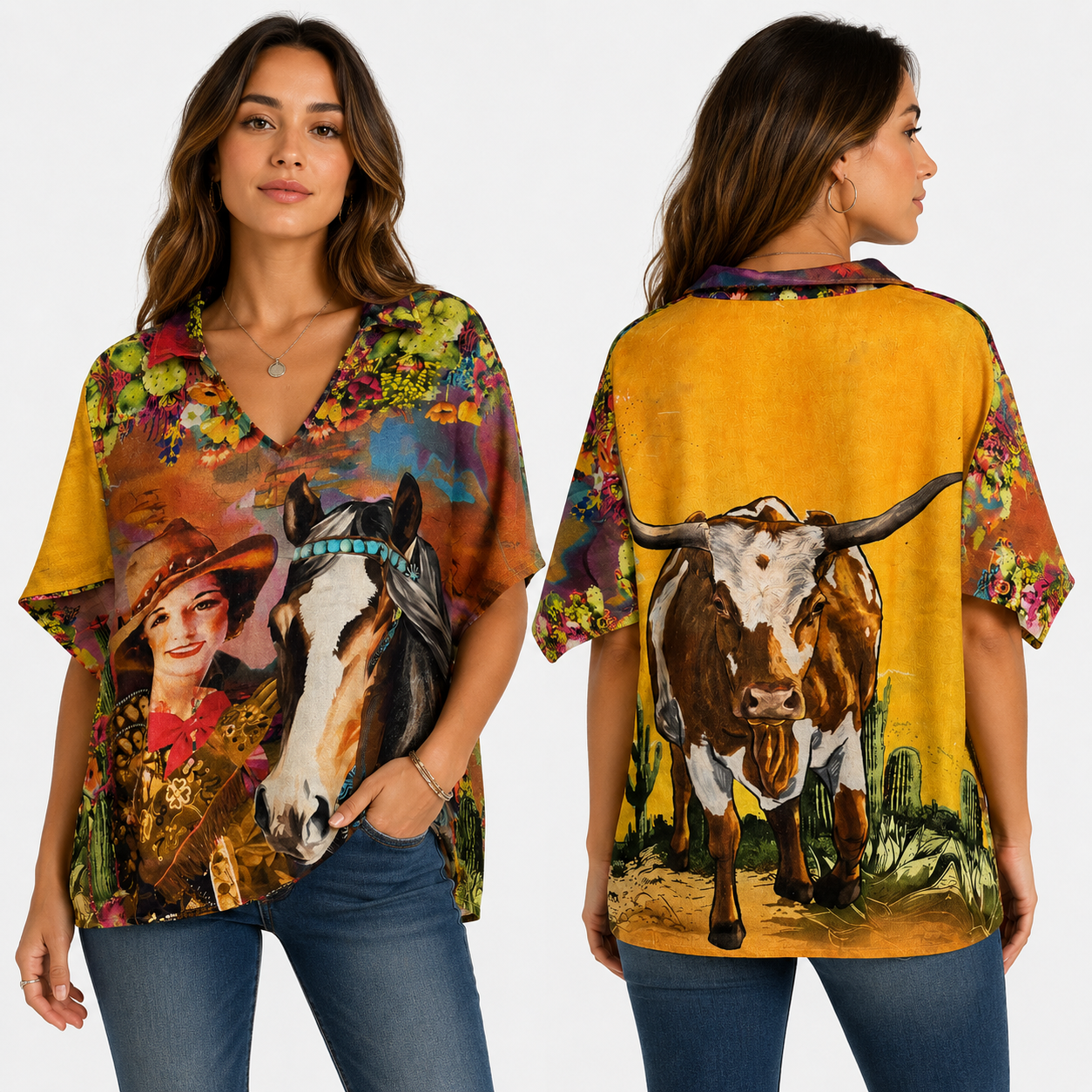 Cowgirl and Longhorn Front & Back Printed Collared Blouse