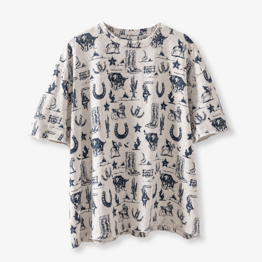 Western Graphic Print Relaxed Fit Tee: CREAM with Navy