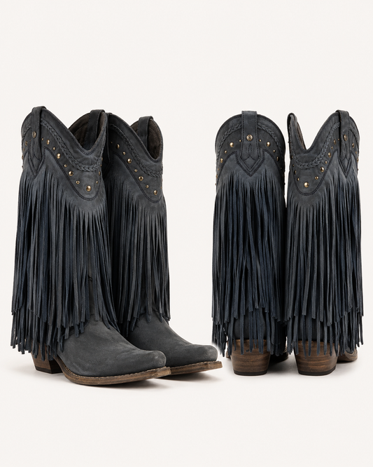 Liberty Black Denim Blue Fringe Boots – Size 9B