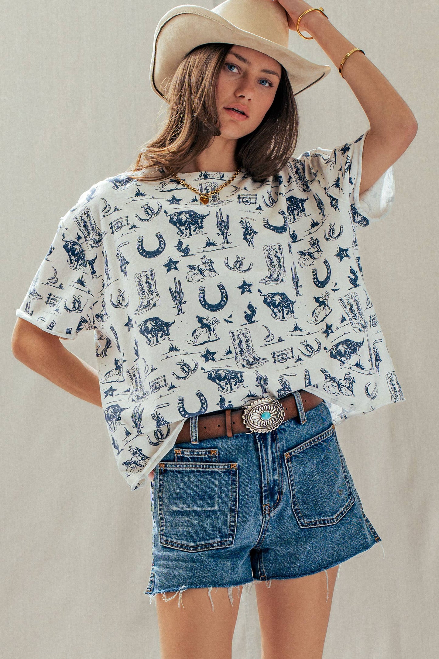 Western Graphic Print Relaxed Fit Tee: CREAM with Navy