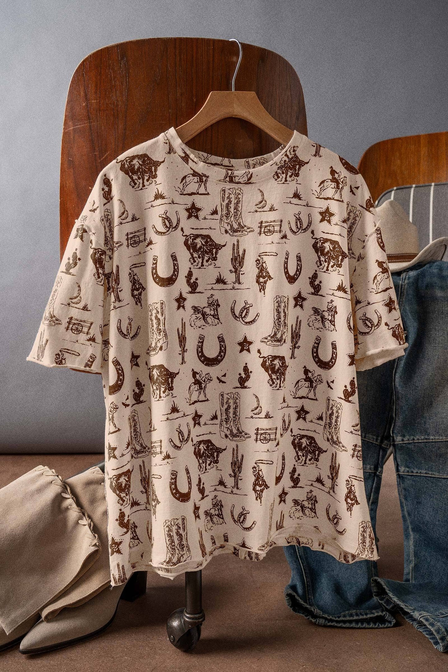 Western Graphic Print Relaxed Fit Tee: CREAM with Navy