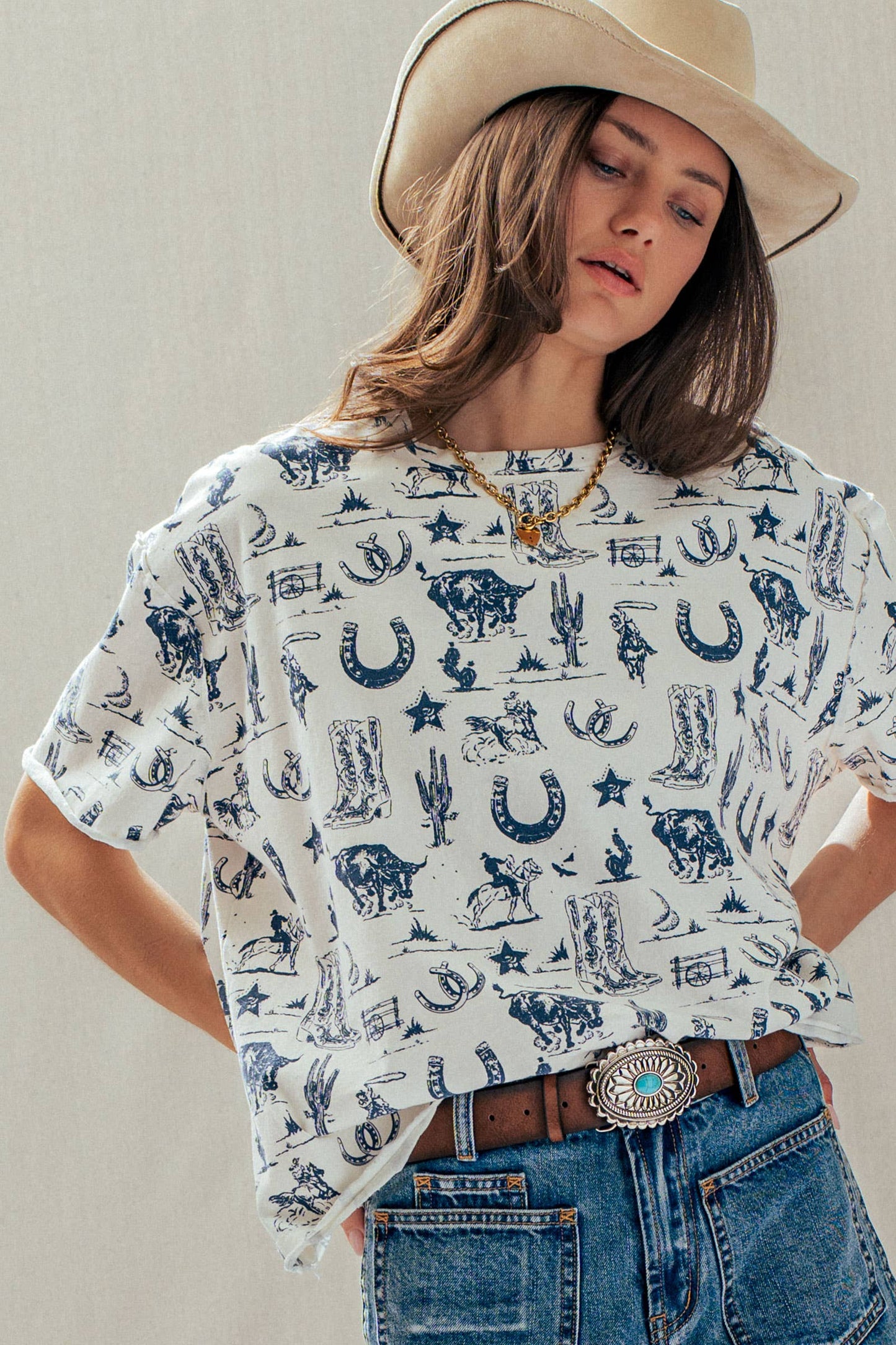 Western Graphic Print Relaxed Fit Tee: CREAM with Navy