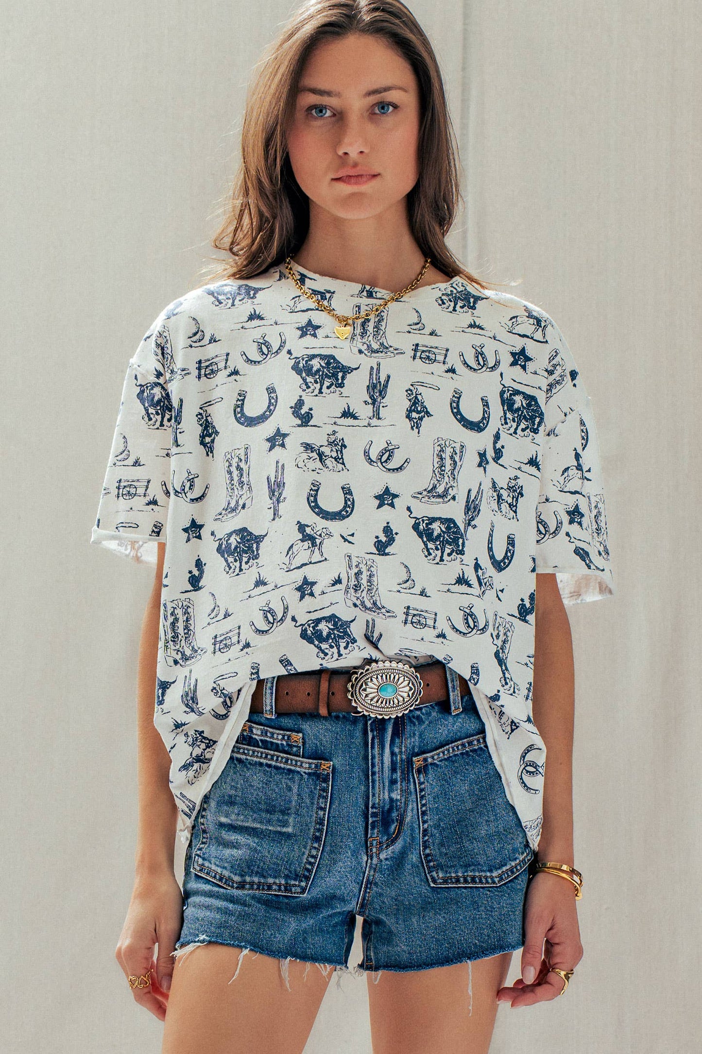 Western Graphic Print Relaxed Fit Tee: CREAM with Navy